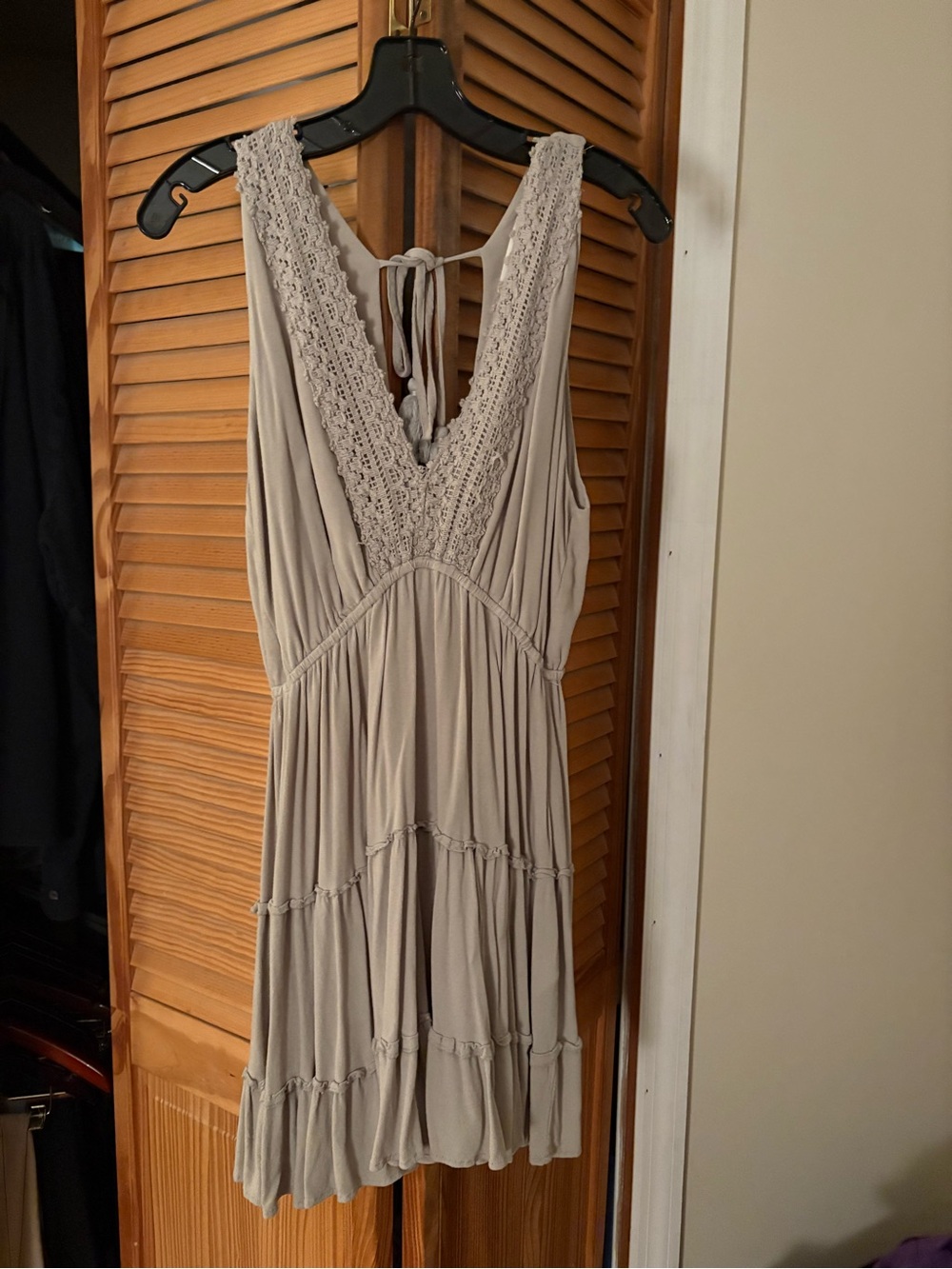 Ocean Drive Taupe V-Neck Tiered Lace-Trim Mini Dress